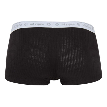 Back view of black boxer briefs with a white logo waistband.